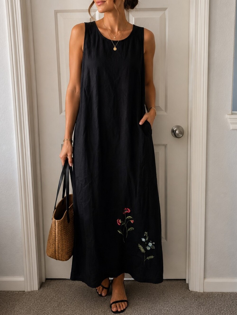 Studio Ease Black Linen/Rayon Embroidered Sleeveless Maxi Dress – Size 16